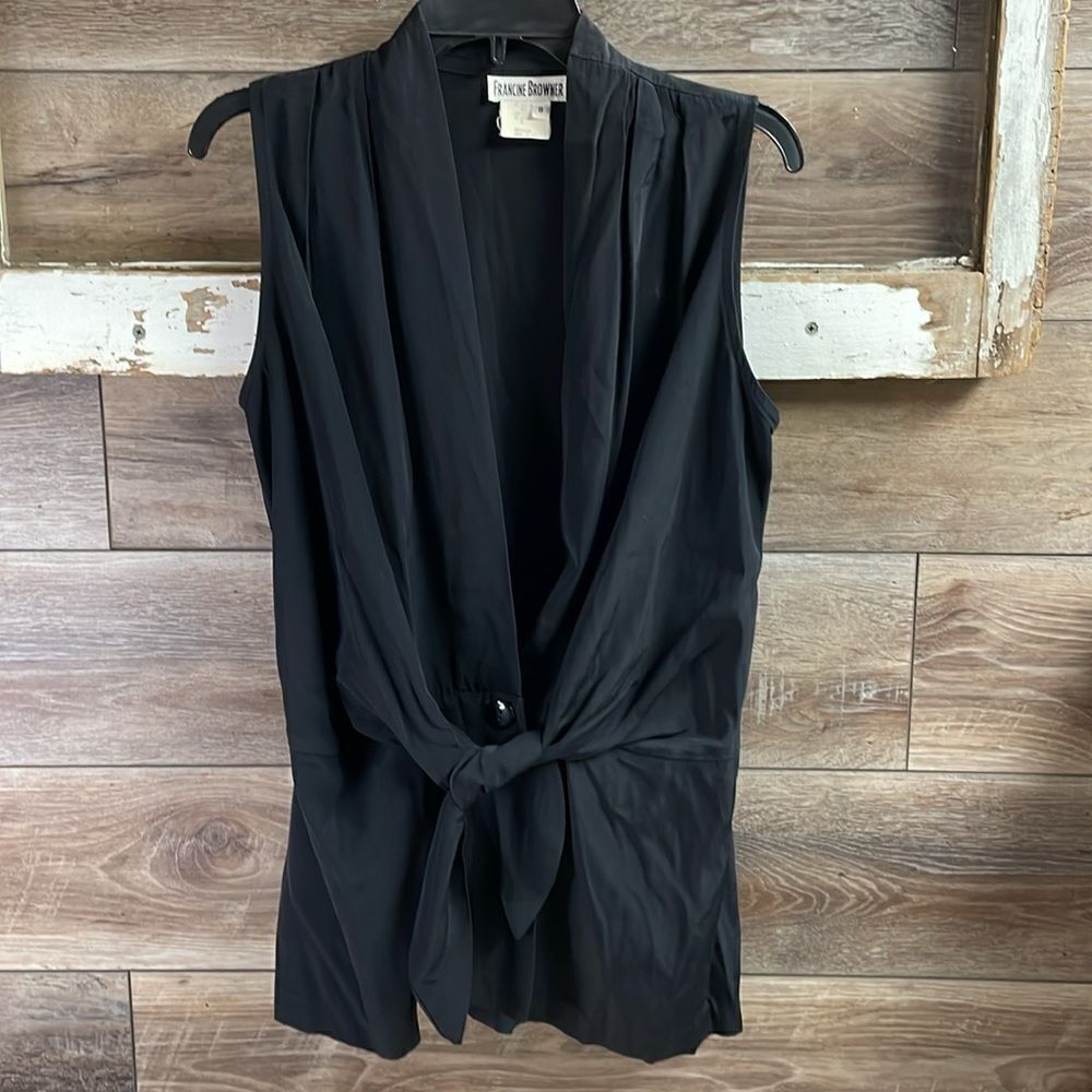 Francine Browner  VNeck Open Sleeveless Top Tie Belt Sz 8 ,Black, Vintage 70’s